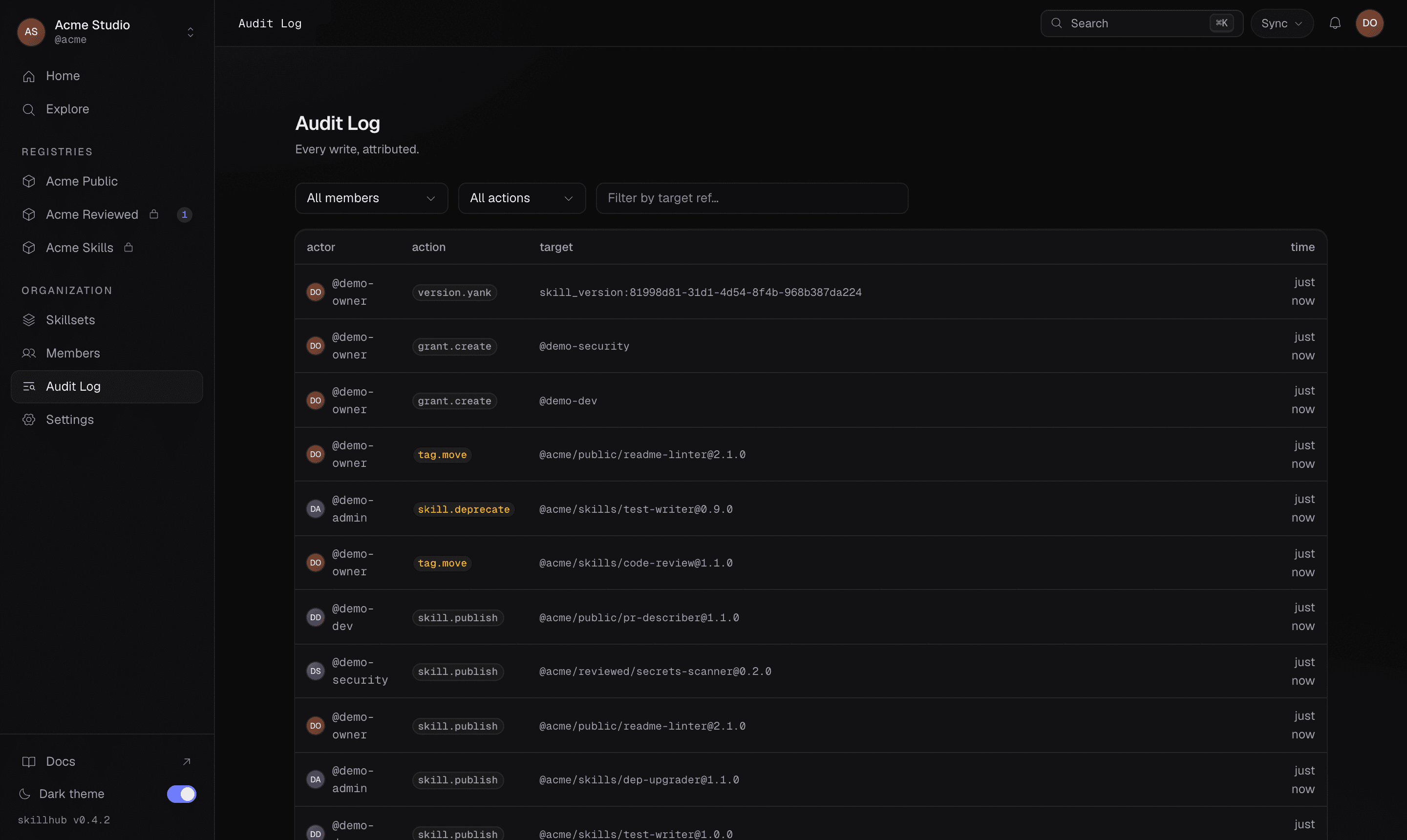 The organization audit log: a chronological trail of administrative events — member and role changes, token creation and revocation, and publish and promotion activity — each with the actor and timestamp.