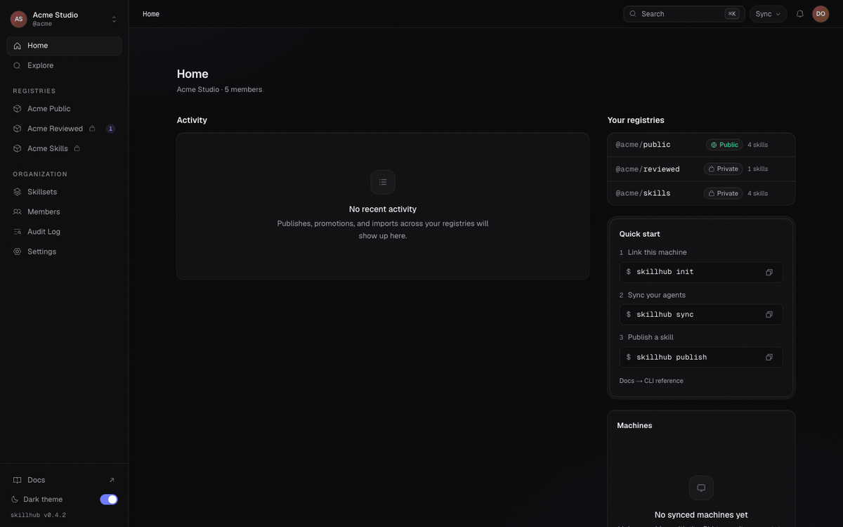 Following the dashboard from home into a registry and on to a single skill's page.