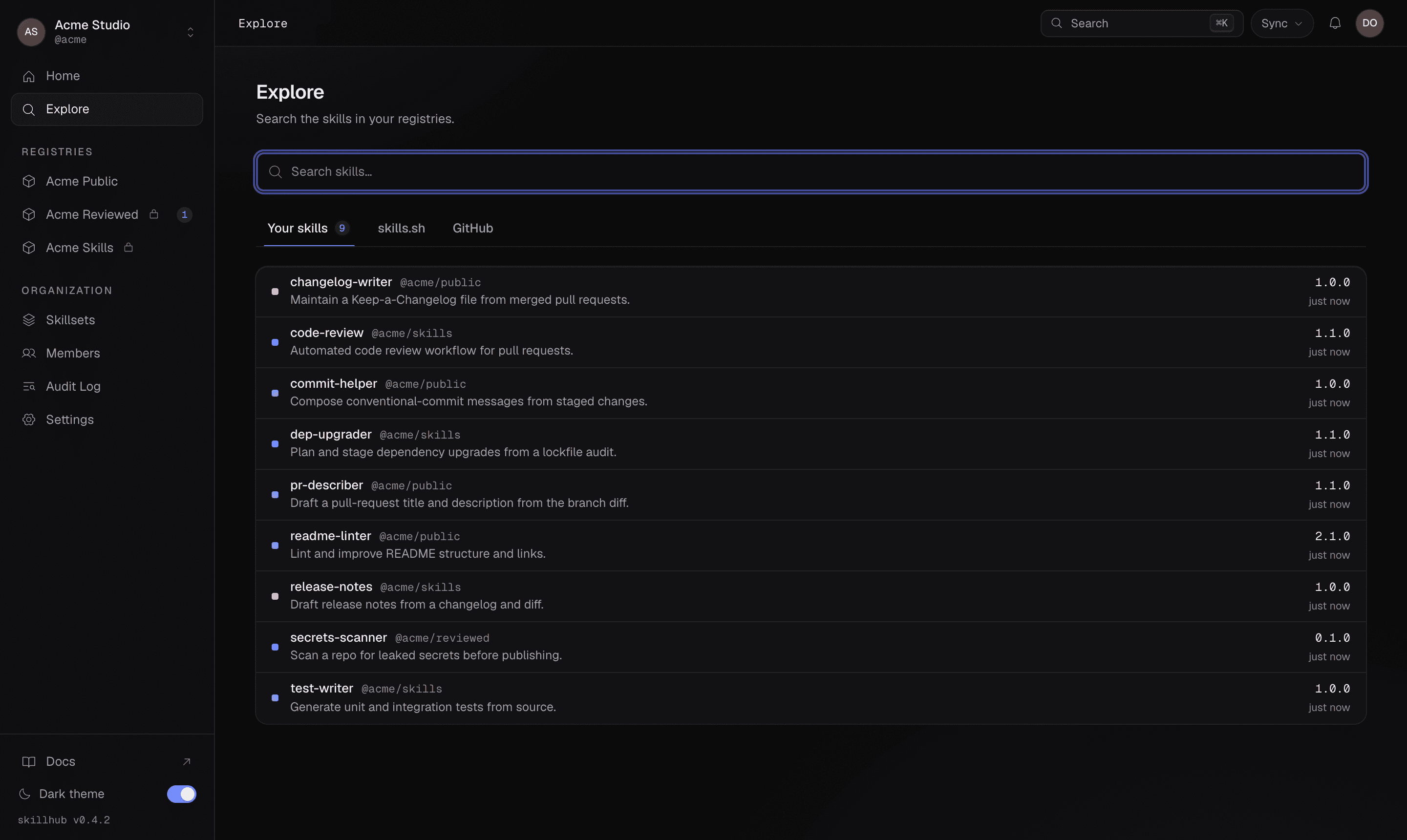 Cross-registry discovery: one search box filtering across Your skills, skills.sh, and GitHub side by side.