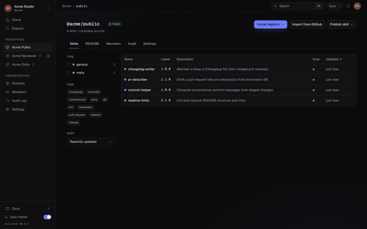The Import from GitHub dialog previewing a public repository: the resolved repo with each discovered skill listed by name and subpath, ready to select which ones to import.