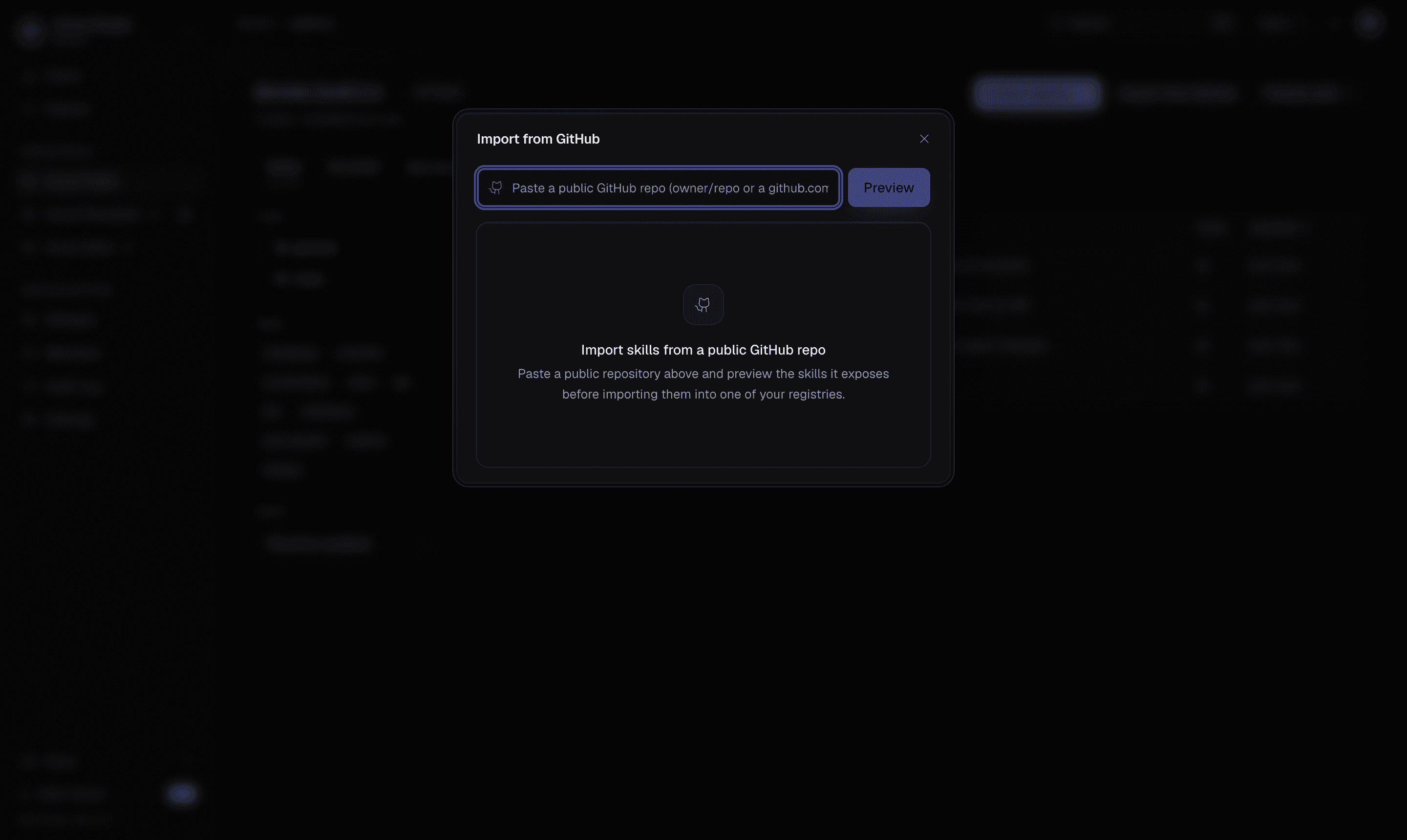 The Import from GitHub dialog with a discovered skill selected and a target registry chosen, ready to run the import.