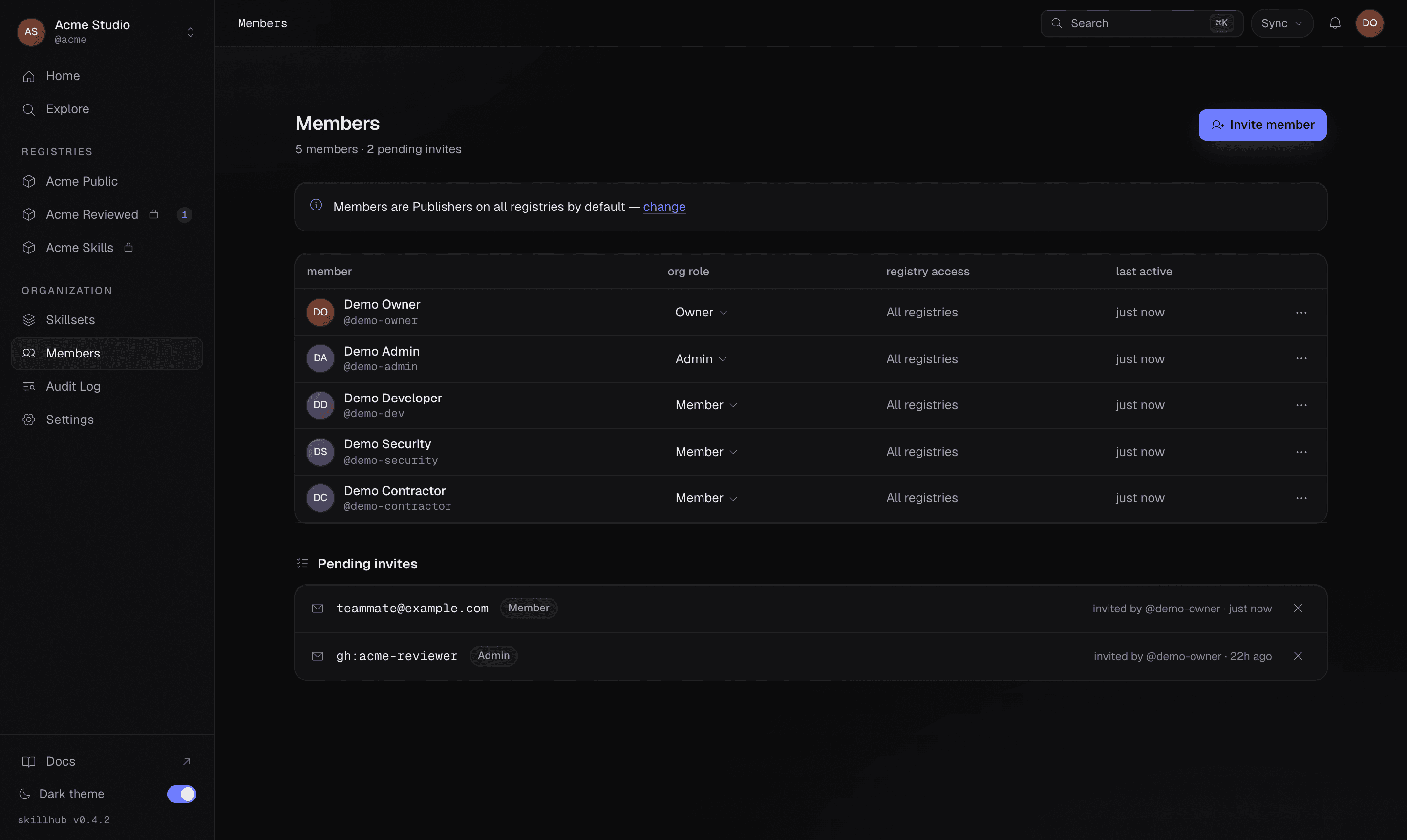 The organization Members screen: a roster of members with their org roles (owner, admin, member) and controls to invite a person or change a member's role.