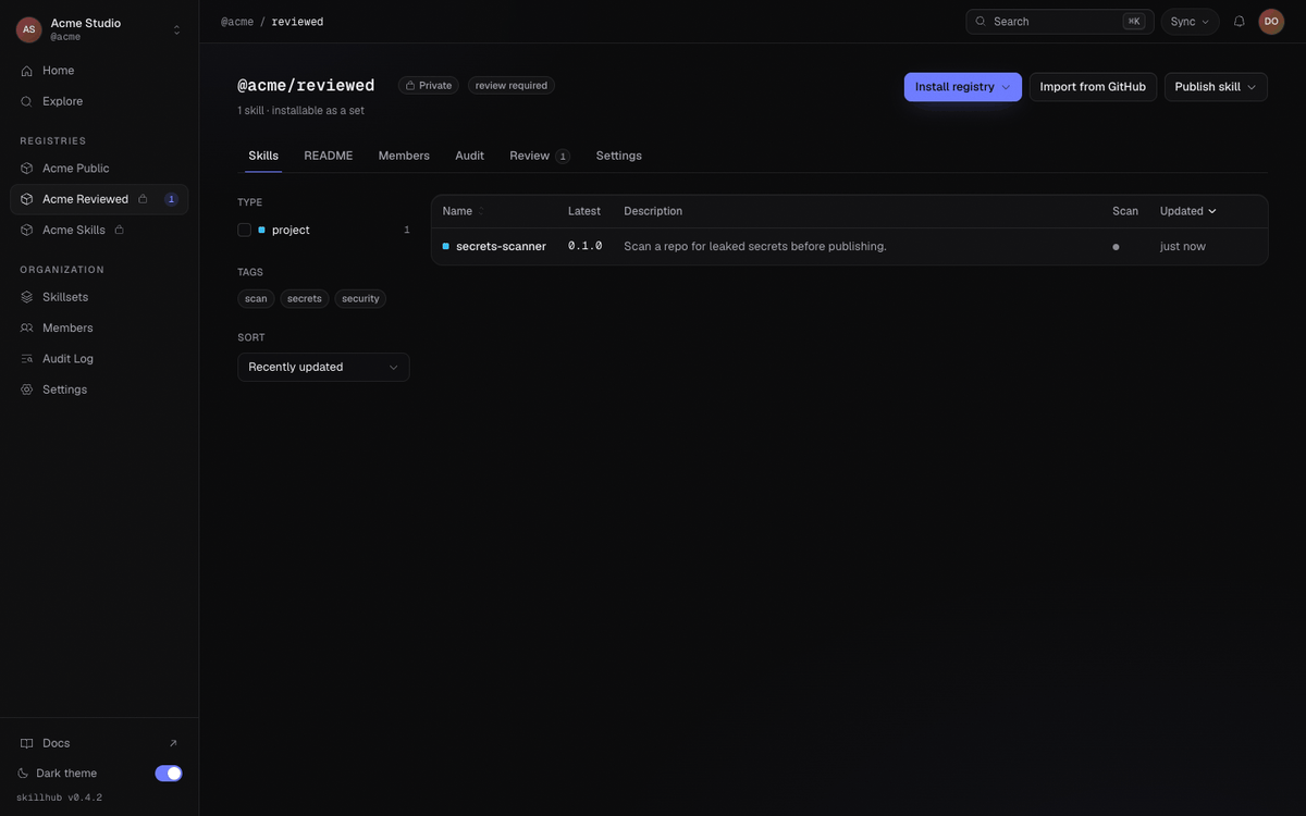 The dashboard review queue for a registry, listing a newly published version awaiting promotion, with its skill name, submitted version, and a review action.