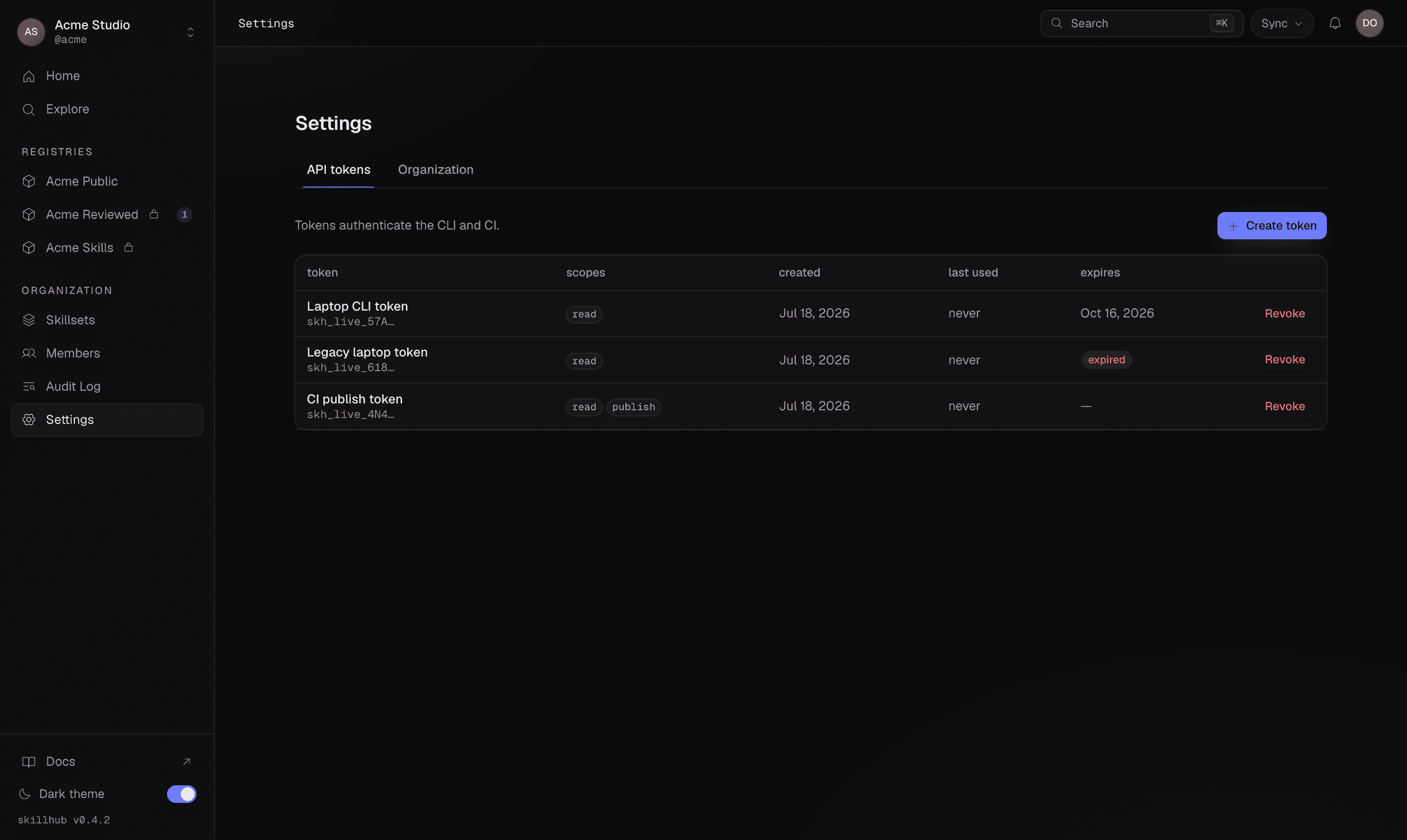 The API tokens settings screen: a list of tokens each showing its name, read/publish scopes, expiry, and a revoke control.