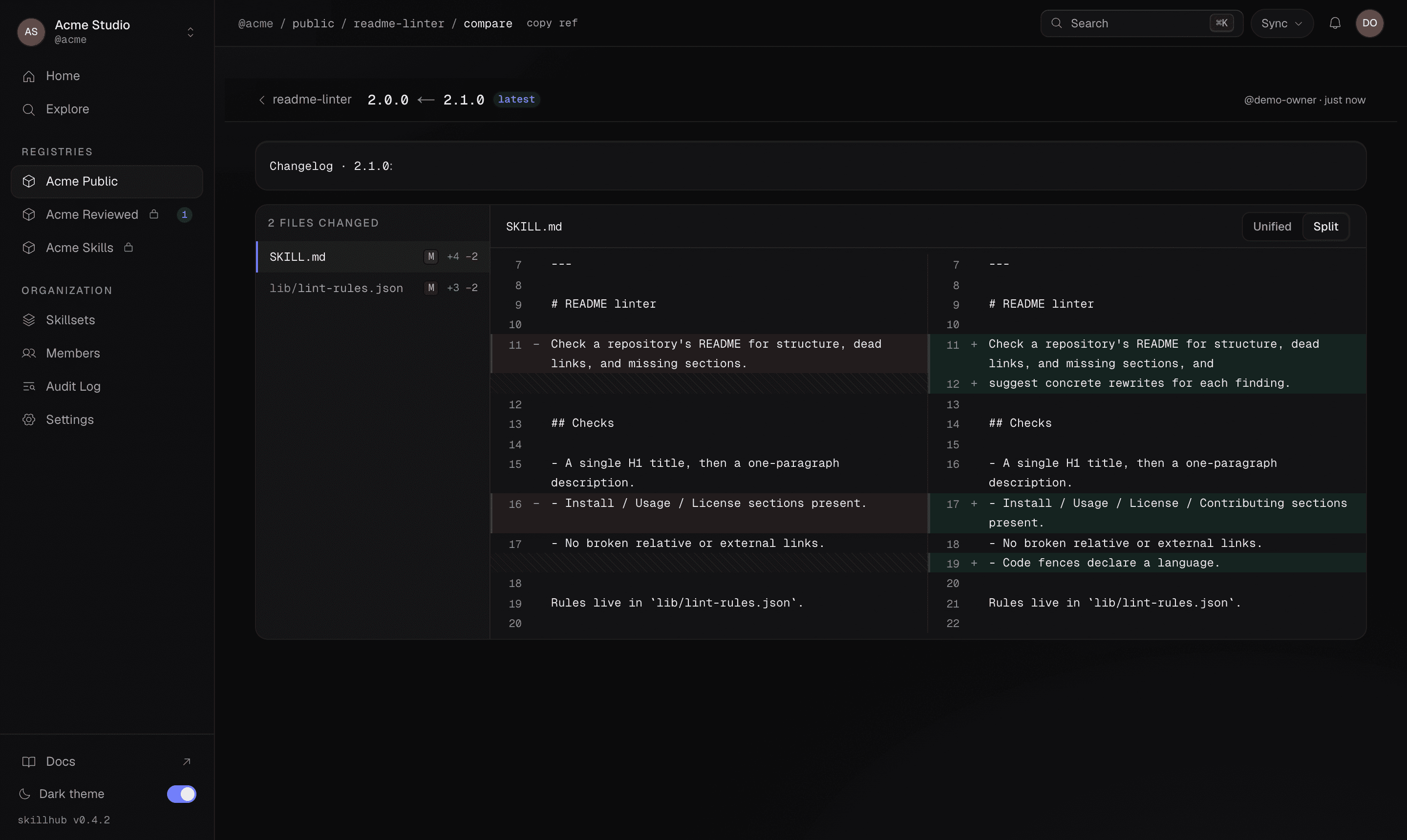 A server-computed split diff of the same SKILL.md change, the currently promoted version on the left and the pending version on the right.