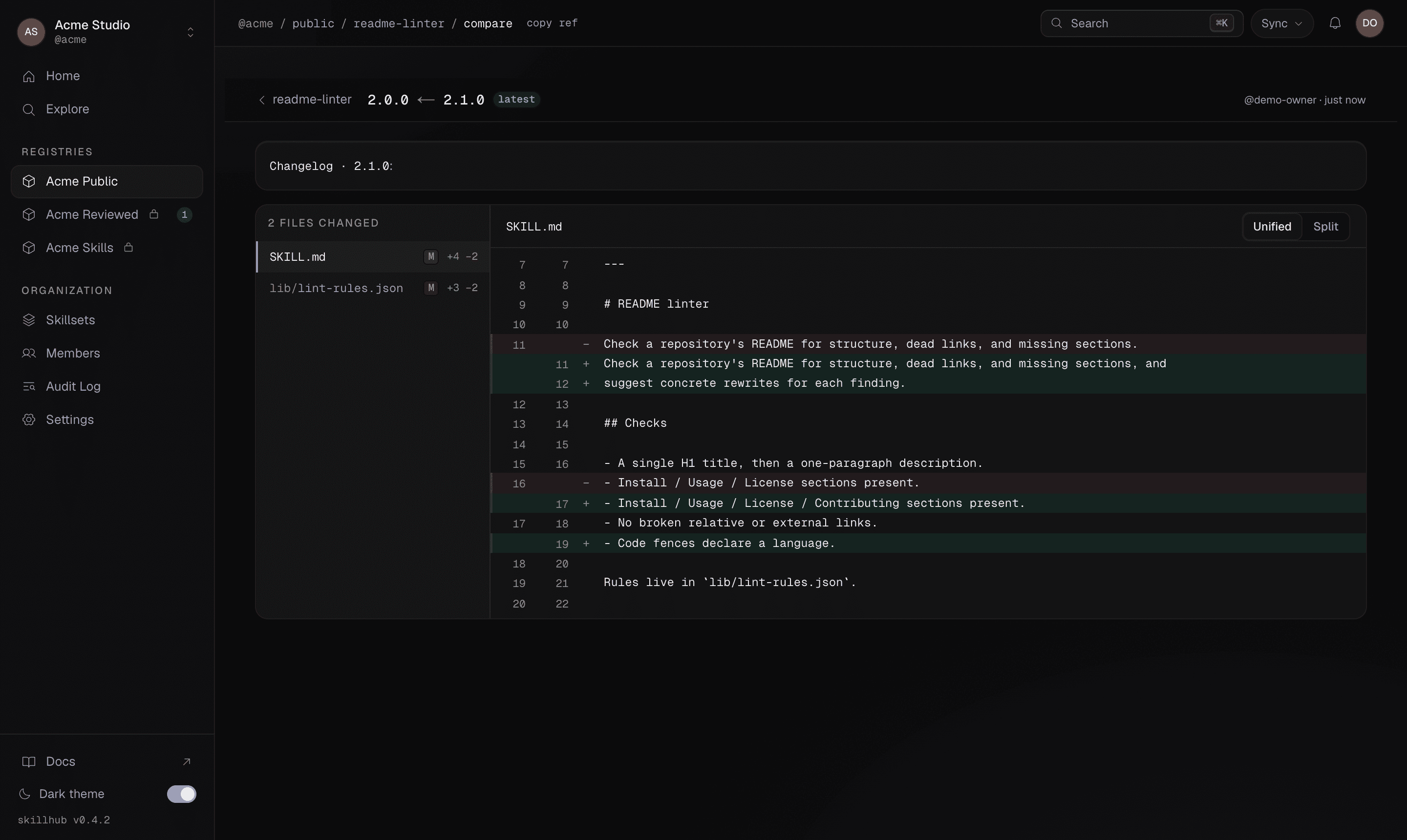 A server-computed diff between two skill versions: a red/green unified SKILL.md with a "2 files changed" summary.