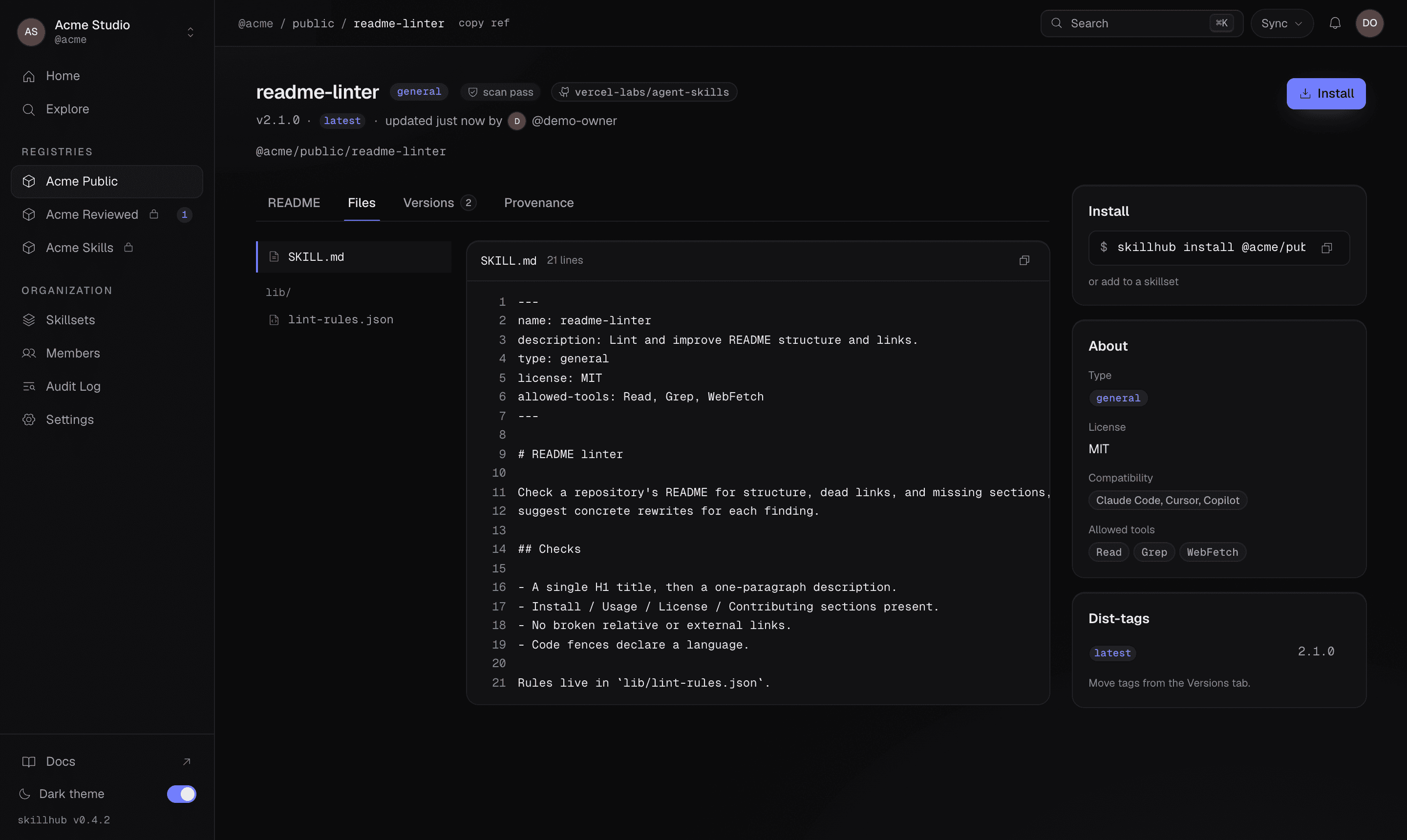 A skill's Files tab for a selected version: the file tree on the left and the real body of the chosen file rendered on the right, straight from that immutable snapshot.