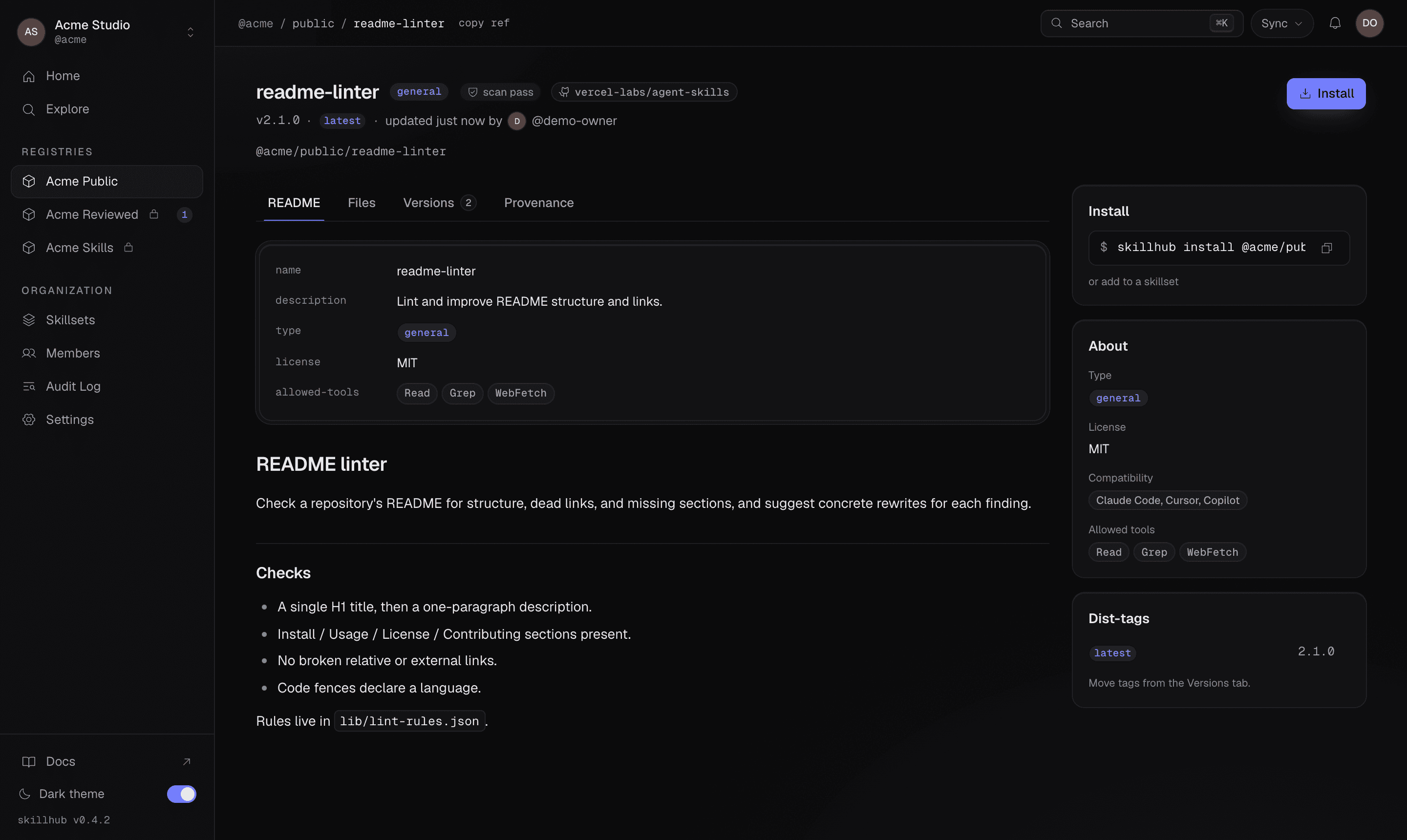 A skill's overview page showing a GitHub source pill next to the skill name, marking it as imported from a GitHub repository.