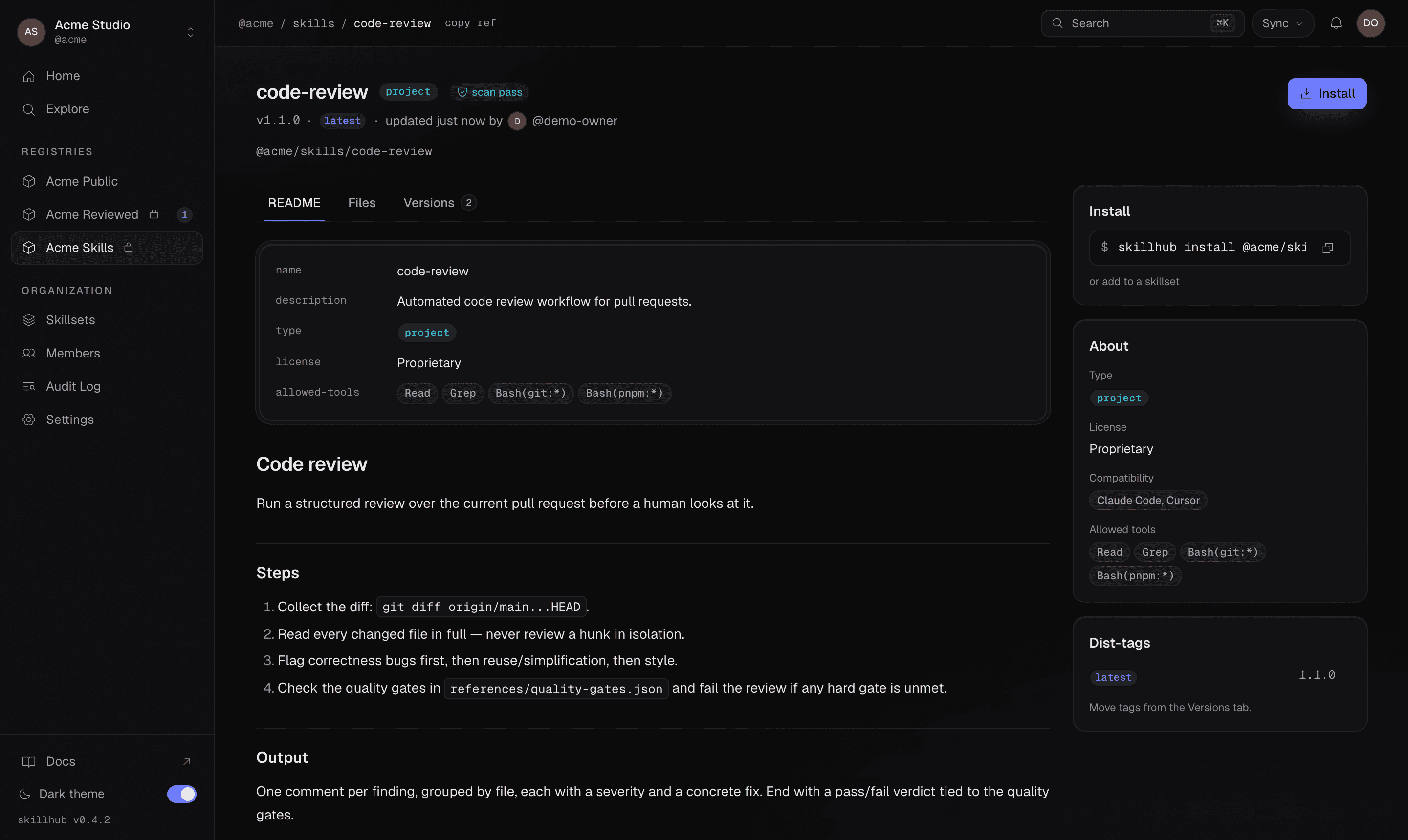 A skill overview page with a live scan-pass pill in the header, alongside the install command, dist-tags, and an About panel showing agent compatibility.