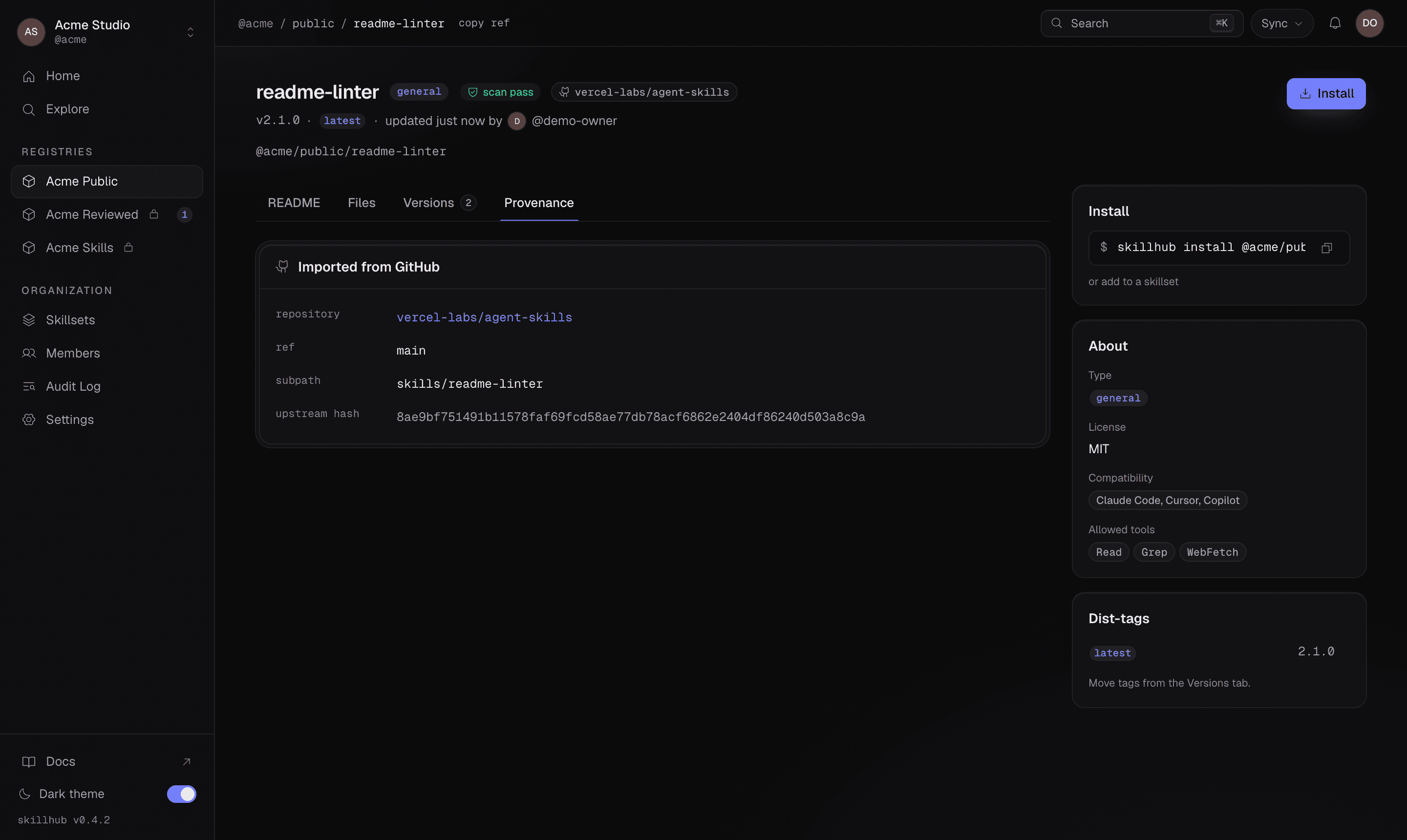 The Provenance tab of a skill imported from GitHub: repository, ref, subpath, and upstream commit hash.