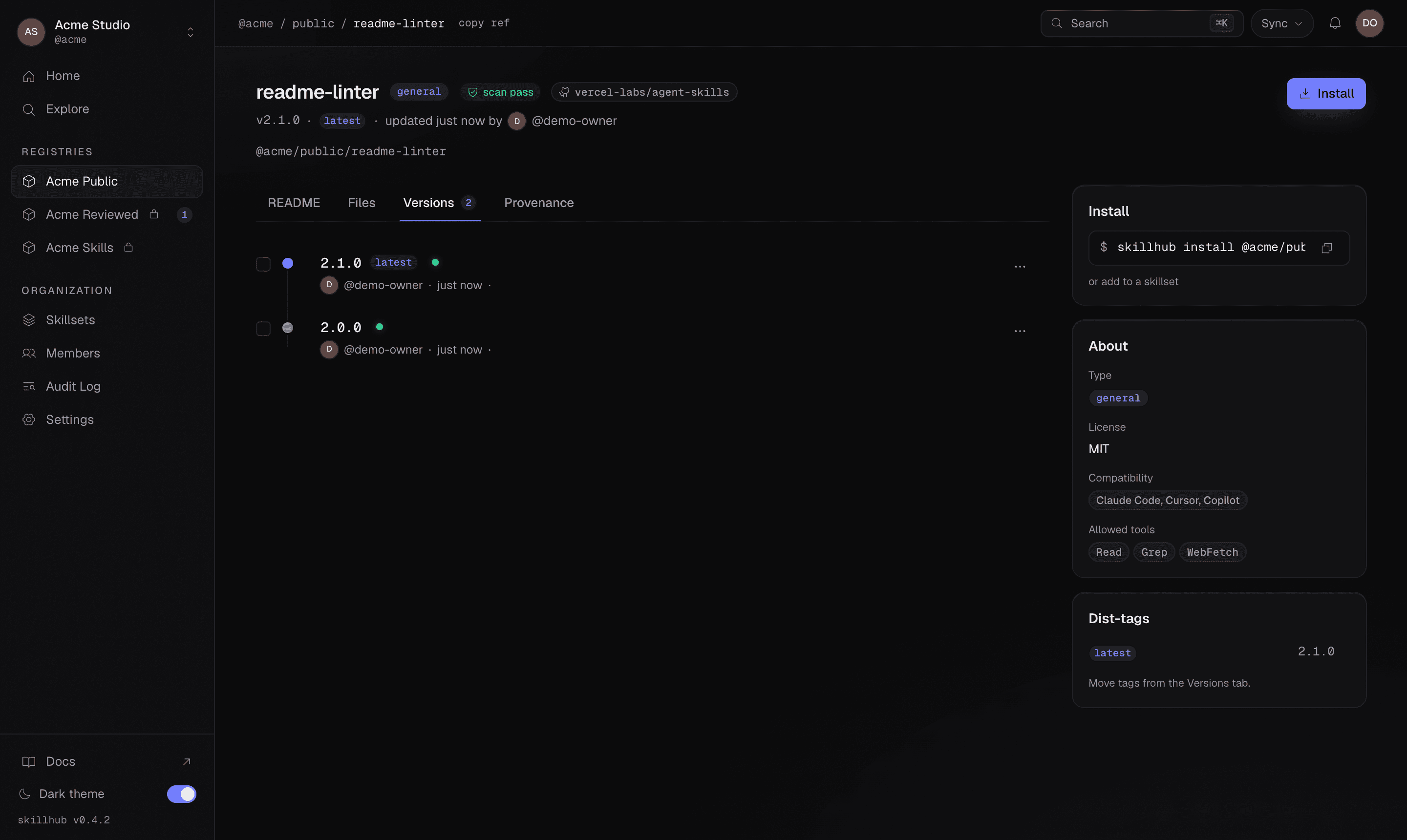 The Versions tab: a version timeline with the latest dist-tag pinned to the newest version, and a note that tags move from this tab.