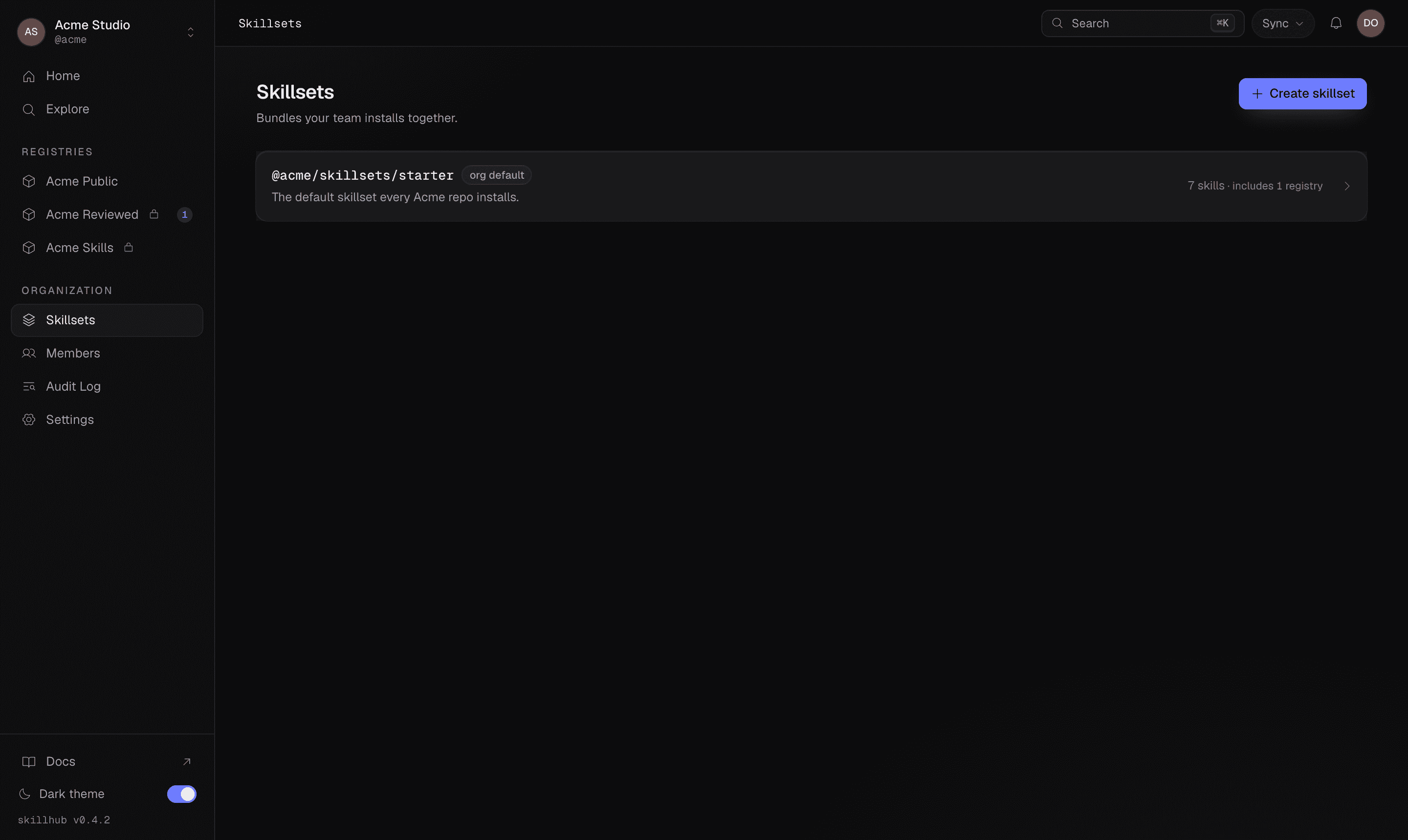The skillsets listing in the dashboard.