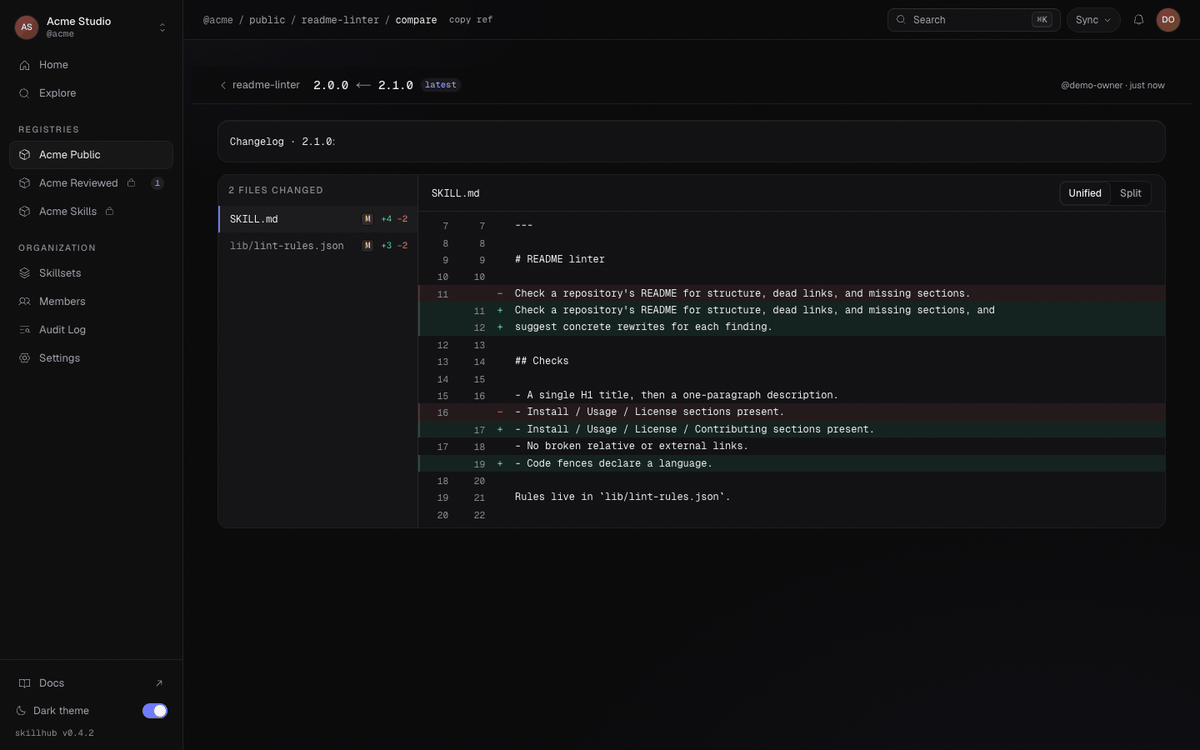 Toggling a skill's version diff between Unified and Split layouts, showing the same SKILL.md change rendered both ways.