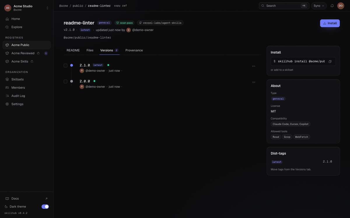 Moving through a skill's Versions timeline and its Files tab, selecting a release to view the files captured in that exact version.